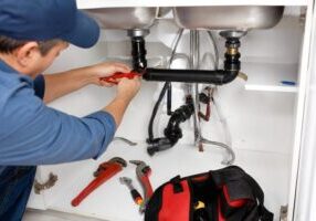 Plumber Repairing Clogged Drain Under Kitchen Sink In Metro Detroit Home